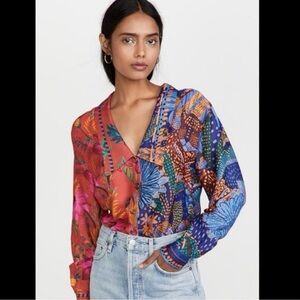 Farm Rio Mixed Animal Floral Print Plunge Blouse XS